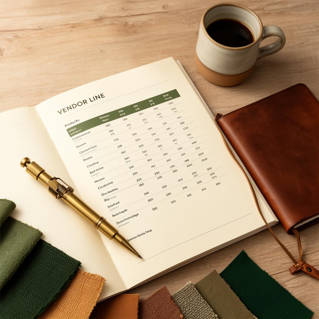 A vendor line sheet, brass pencil and fabric swatches on a wooden desk