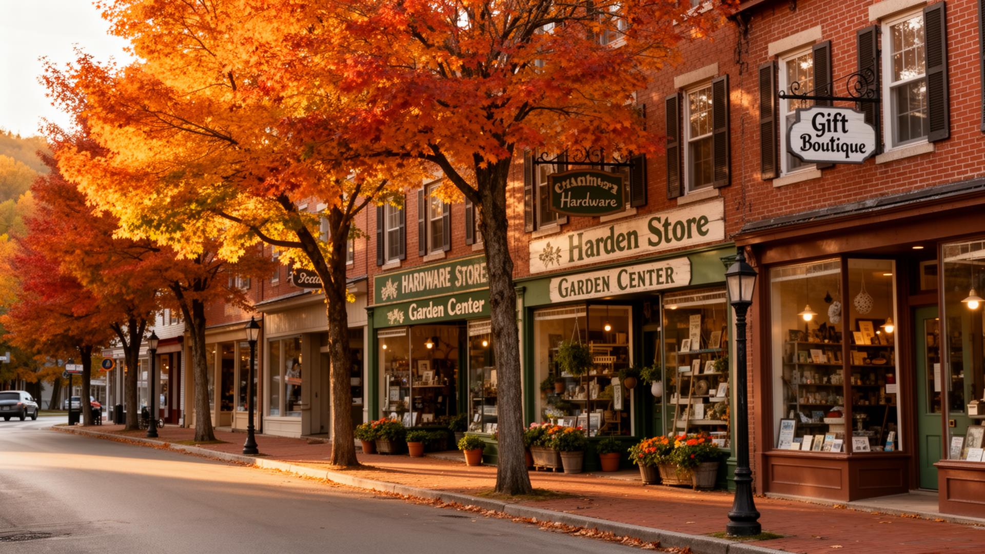 Main Street in a small upstate New York town at golden hour